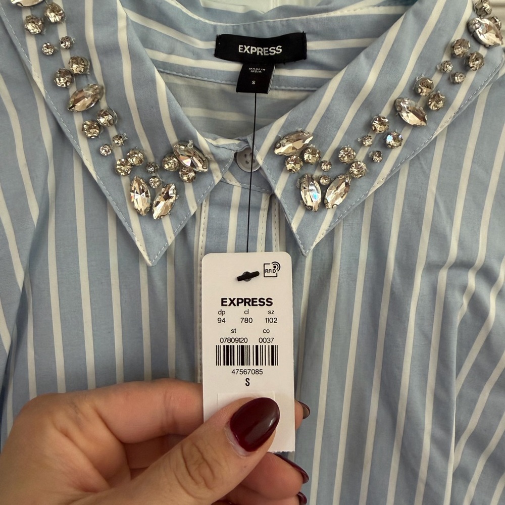 Express Light Blue Striped Crystal Collar dress